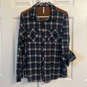 #57- RNB Green Brown Plaid Button Up Adjustable Long Sleeve Top Blouse Size 1X